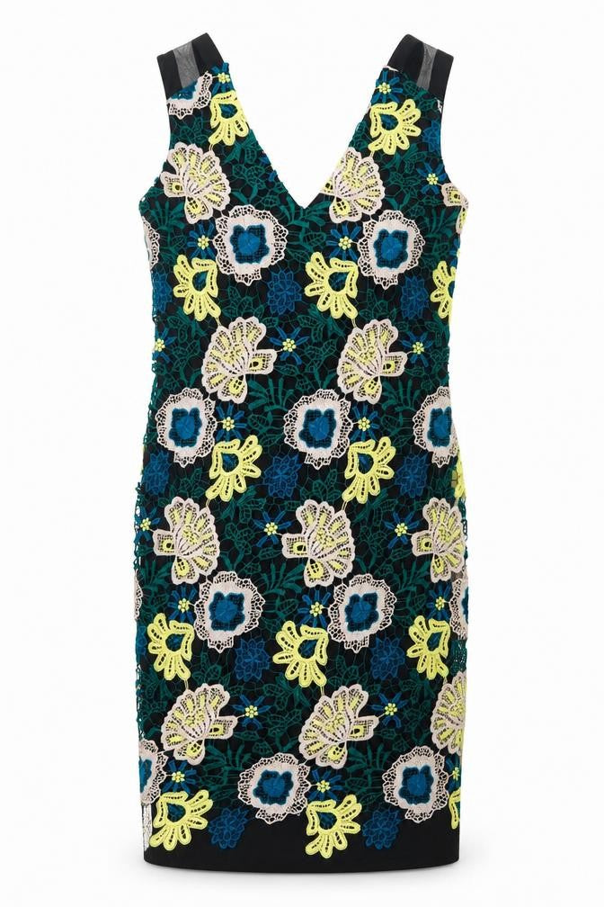 Front view of Julien Macdonald women’s multicoloured floral polyester sheath, size UK 8, v-neck zip