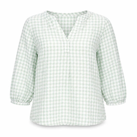 Front view of Ede & Ravenscroft women’s green geometric cotton basic blouse, size UK 6, v-neck