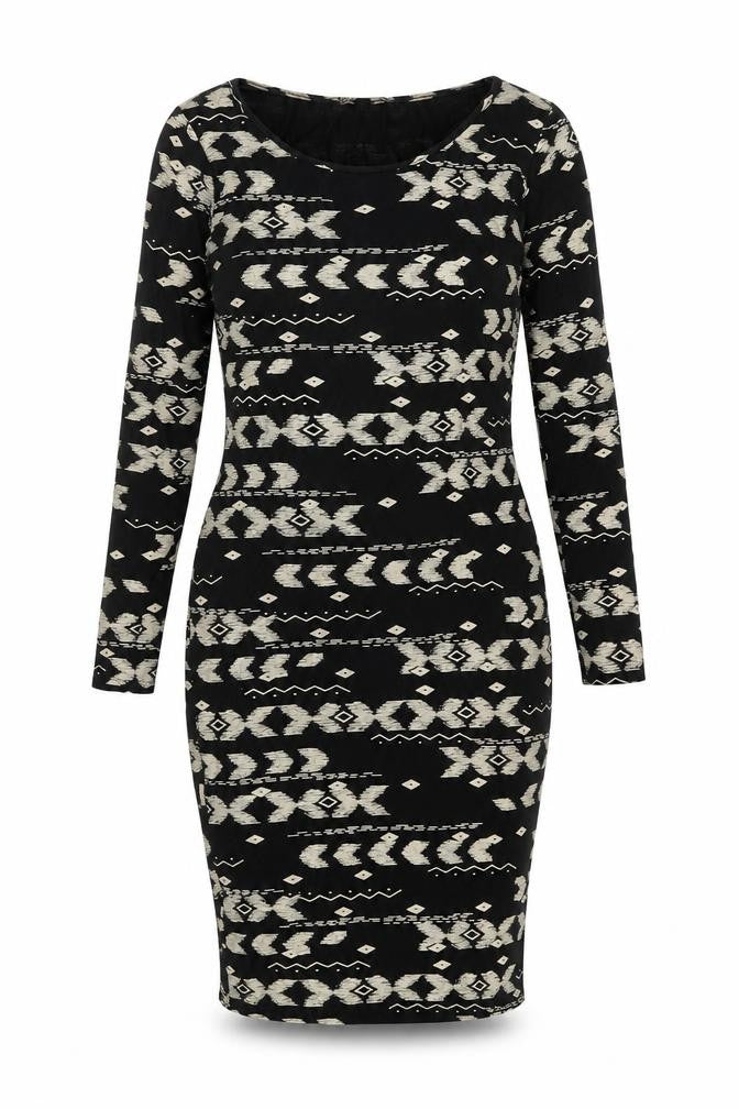 Front view of High Rose women’s black geometric viscose bodycon, size S, boat neck pullover