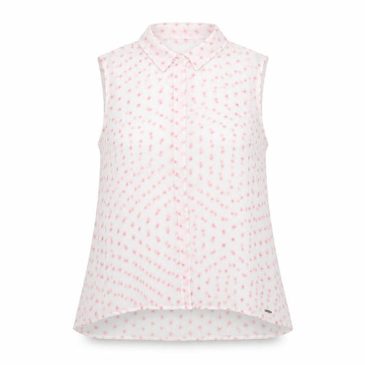 Front view of Hollister women’s pink geometric polyester basic button-up, size M, collared