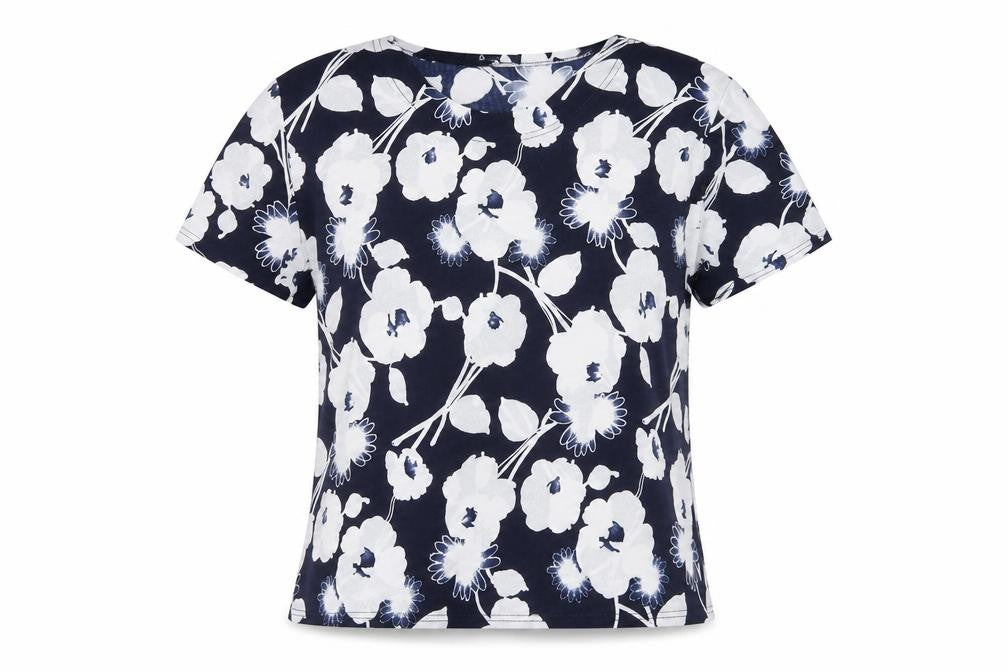 Front view of Hongyu women’s blue floral polyester basic t-shirt, size L, round neck