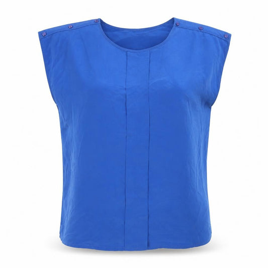 Front view of MIA women’s blue polyester basic tank, size UK 12, round neck