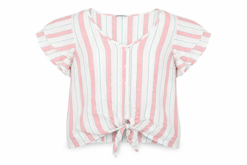 Front view of Papaya women’s multicoloured striped viscose basic blouse, size UK 8, v-neck - tie front