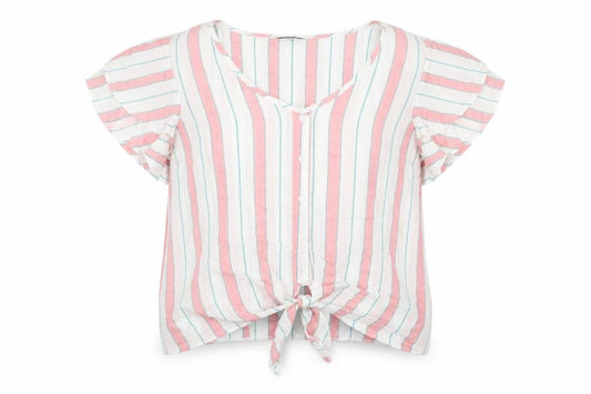 Front view of Papaya women’s multicoloured striped viscose basic blouse, size UK 8, v-neck - tie front