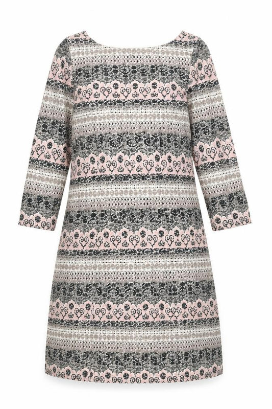 Front view of Phase Eight women’s blue geometric cotton shift, size UK 12, boat neck zip