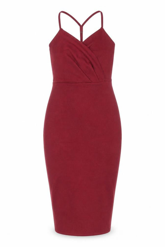 Front view of Boohoo women’s red polyester sheath, size UK 10, v-neck pullover