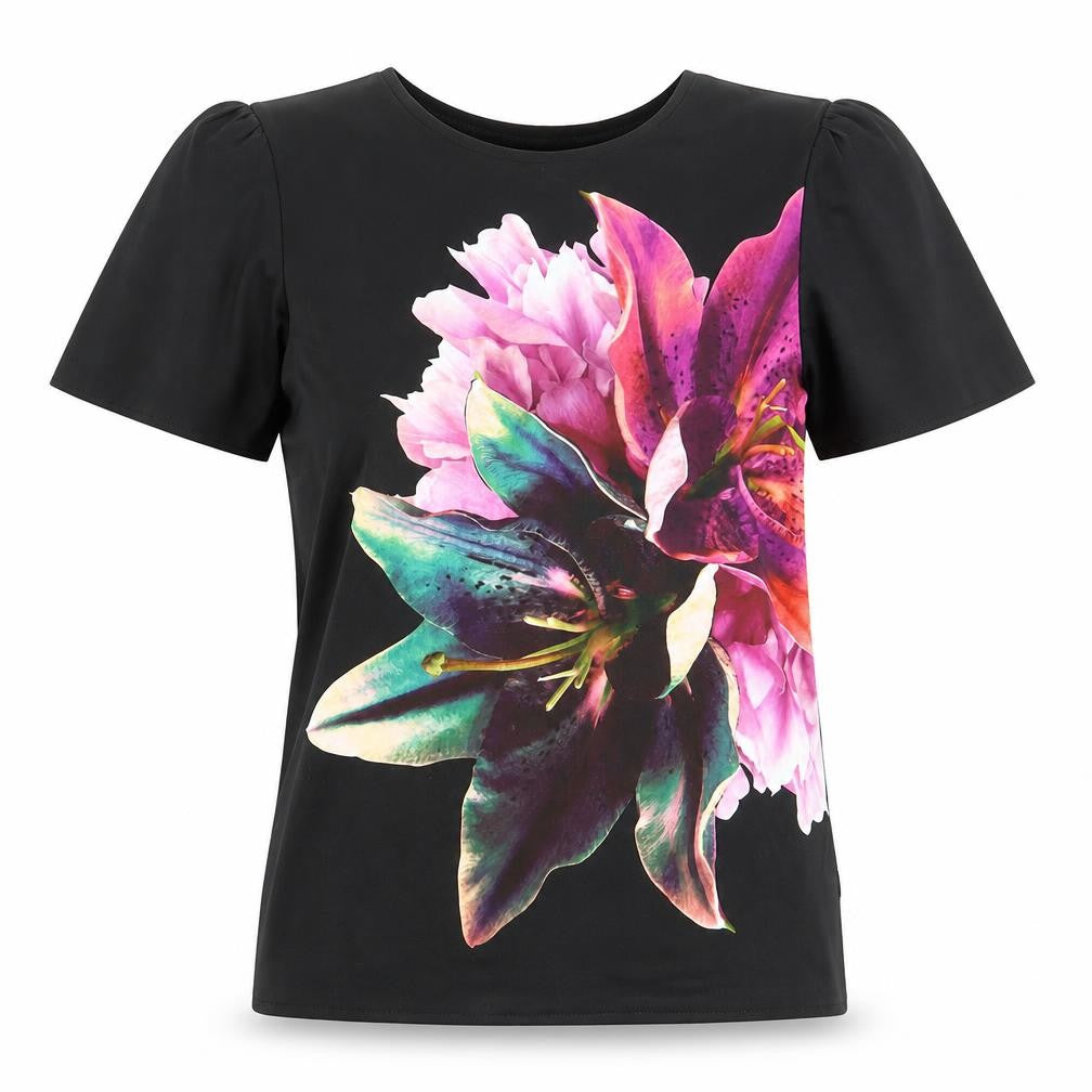 Oasis Womens Black Polyester Basic T-Shirt Size S Round Neck - Flower