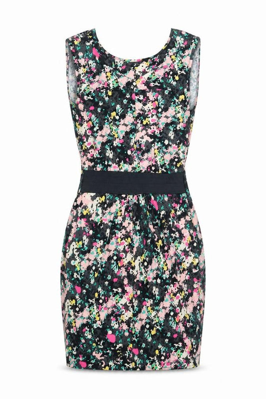 Front view of women’s black geometric polyester bodycon, size XS, round neck pullover