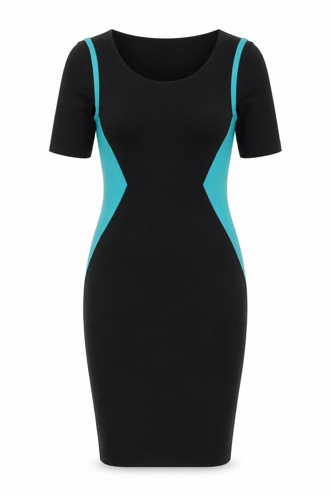 Front view of Peacocks women’s black colourblock viscose bodycon, size UK 10, scoop neck pullover