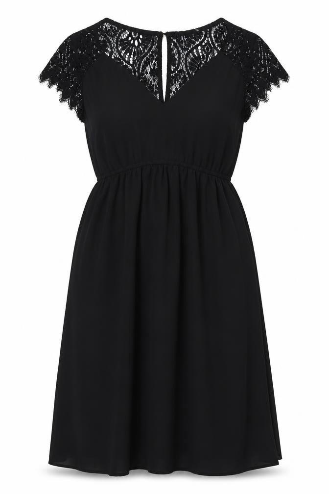 Front view of H&M women’s black polyester fit & flare, size S, v-neck button