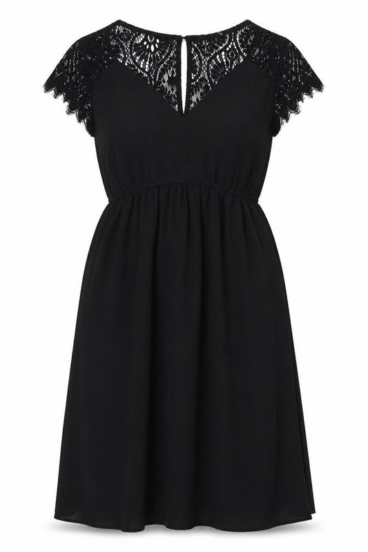 Front view of H&M women’s black polyester fit & flare, size S, v-neck button