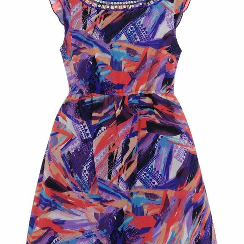 Be Beau Womens Multicoloured Geometric Polyester Fit & Flare Size 12 Boat Neck Button - Embellished Neckline