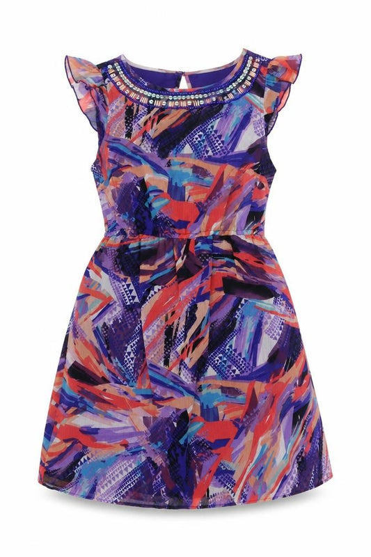 Front view of Be Beau women’s multicoloured geometric polyester fit & flare, boat neck button - embellished neckline