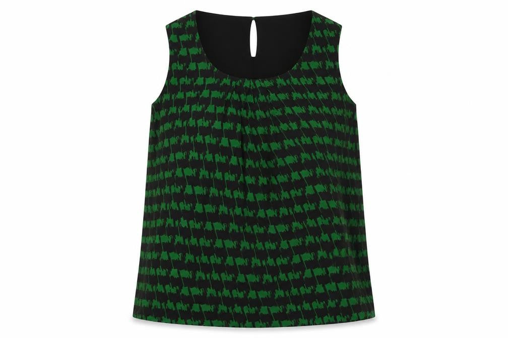 Front view of Marks & Spencer women’s green geometric polyester basic blouse, size UK 12, scoop neck