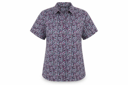 Front view of Vortex women’s blue geometric polyester basic button-up, size UK 10, collared