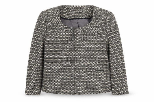 Front view of Next women’s beige geometric jacket, size UK 16, zip