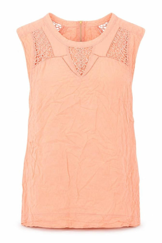 Front view of Warehouse women’s orange cotton basic tank, size UK 12, boat neck - lace detail