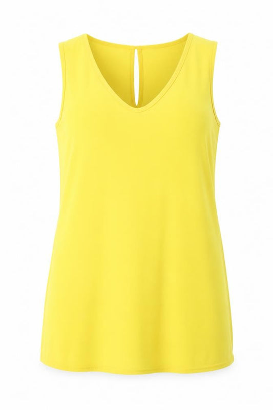 Front view of Boohoo women’s yellow polyester shift, size UK 12, v-neck pullover