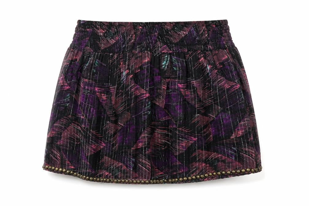 Front view of Miss Selfridge women’s black geometric polyester mini skirt, size UK 6