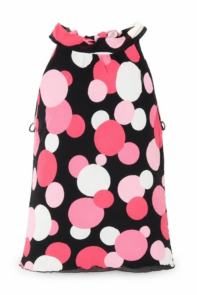 Front view of Spirit women’s black polka dot viscose basic blouse, size UK 12, round neck