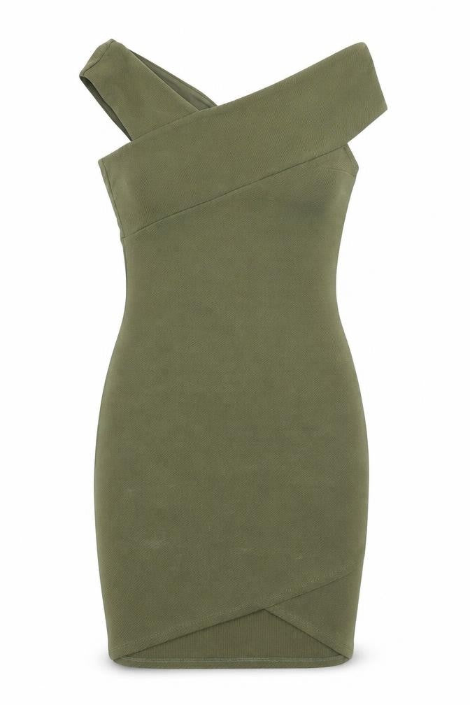 Front view of Miss Selfridge women’s green polyester bodycon, size UK 10, v-neck pullover