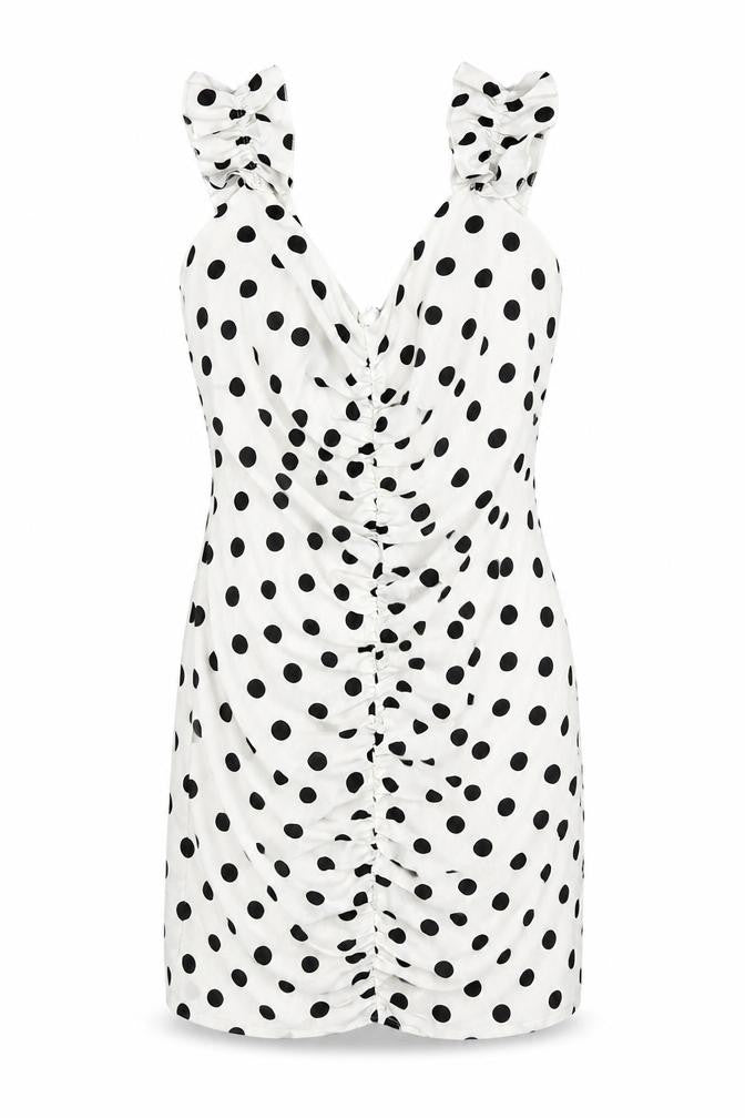 Front view of women’s white polka dot polyester bodycon, size S, v-neck zip