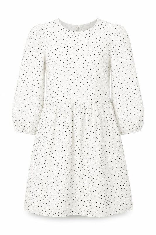 Front view of Primark women’s white polka dot polyester a-line, size UK 6, round neck button