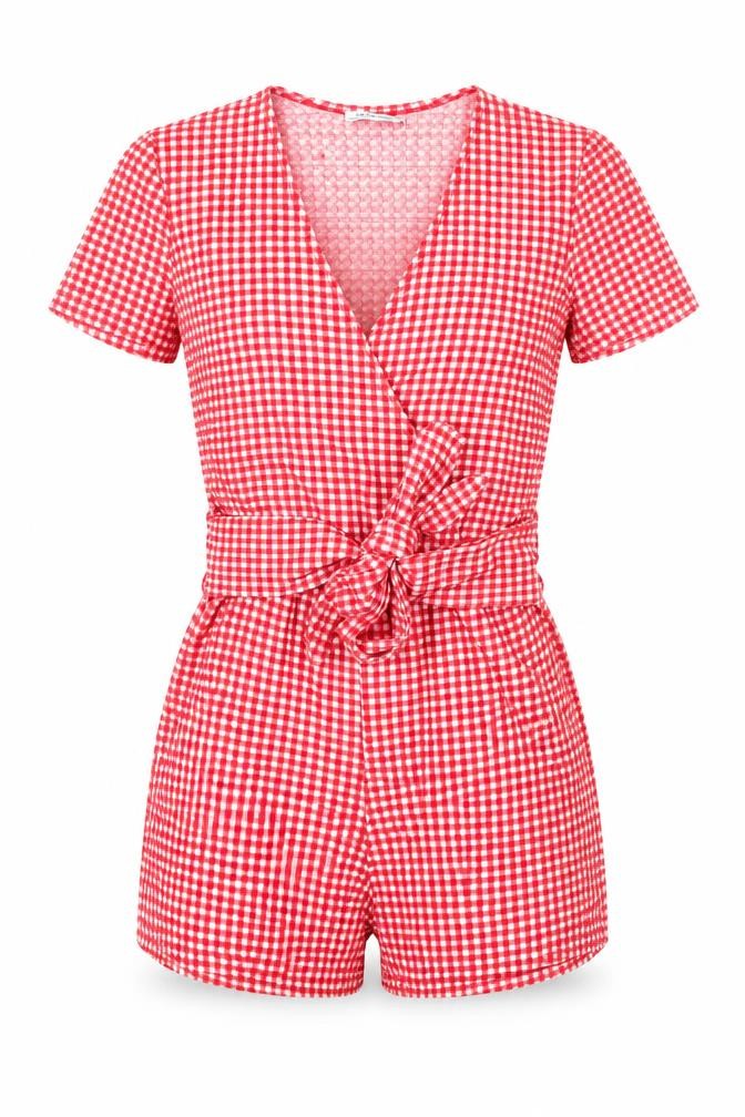 Front view of Zara women’s red check polyester playsuit one-piece, size M, pullover
