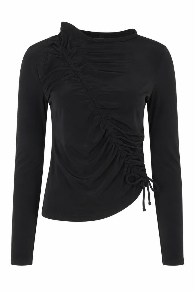 Front view of PRETTYLITTLETHING women’s black polyester basic blouse, size UK 6, boat neck - tie ruched detail