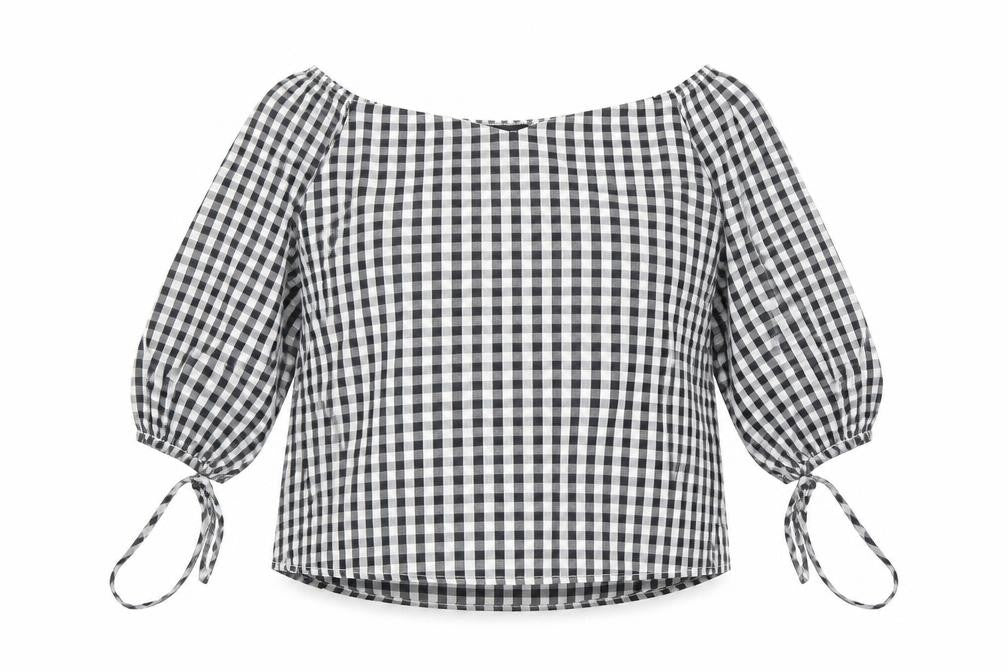Front view of PRETTYLITTLETHING women’s black check cotton basic blouse, size UK 8, boat neck