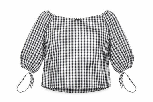 Front view of PRETTYLITTLETHING women’s black check cotton basic blouse, size UK 8, boat neck