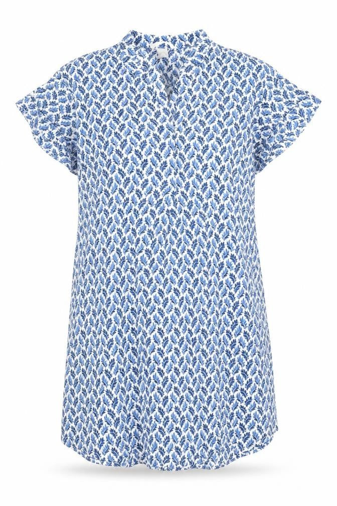 Front view of H&M women’s blue geometric viscose shirt dress, size UK 10, v-neck pullover