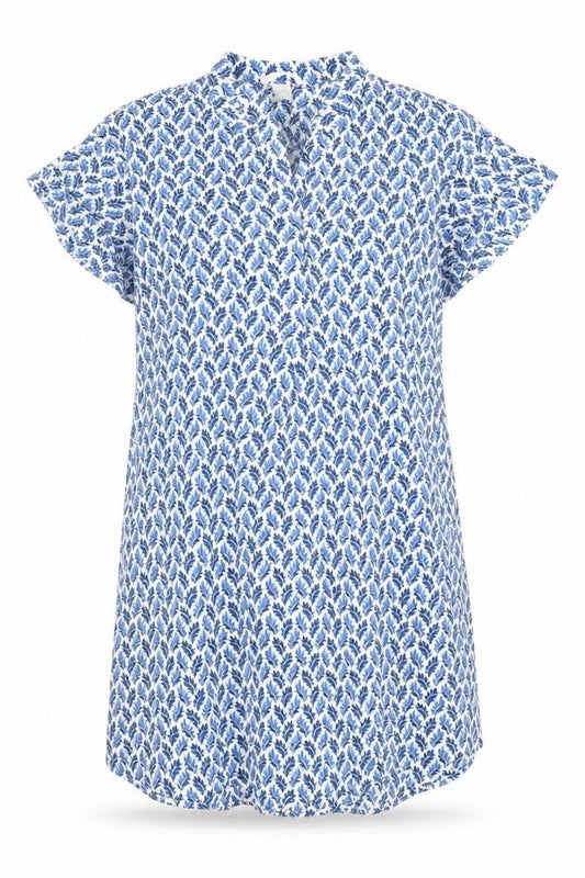 Front view of H&M women’s blue geometric viscose shirt dress, size UK 10, v-neck pullover