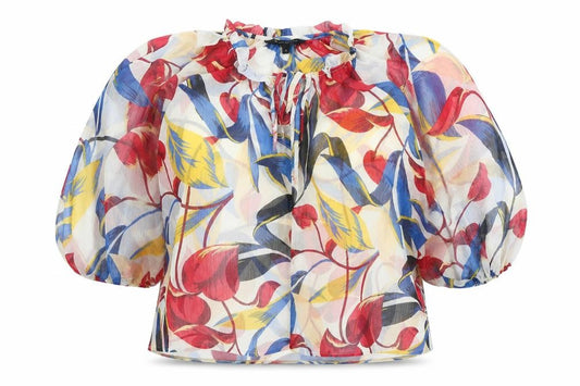 Front view of Peacocks women’s multicoloured geometric polyester basic blouse, size UK 10, round neck