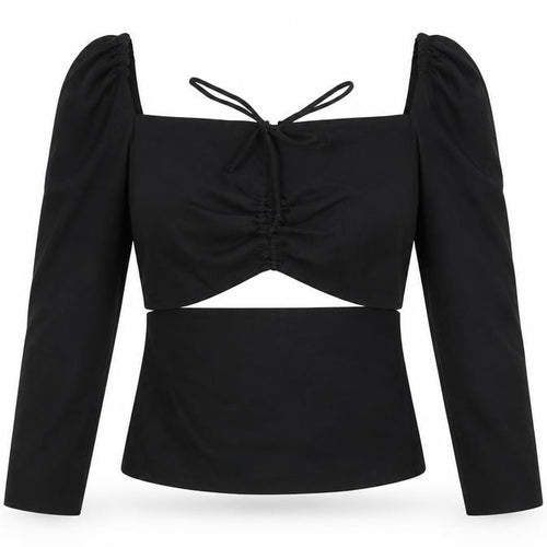 Zara Womens Black Linen Basic Blouse Size XS Square Neck - Cut Out Detail, Ruched
