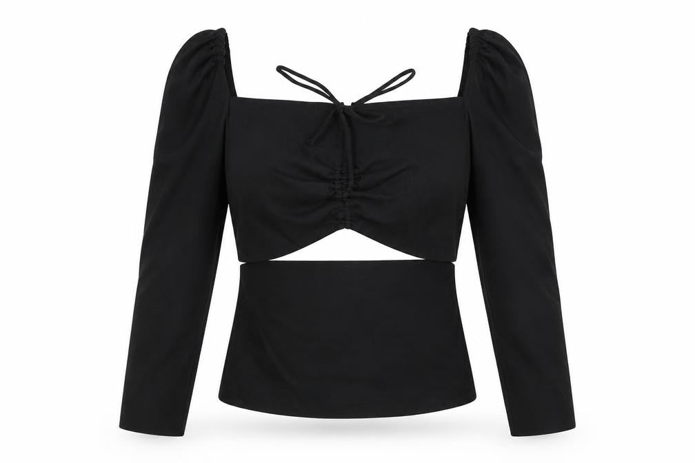 Zara Womens Black Linen Basic Blouse Size XS Square Neck - Cut Out Detail, Ruched