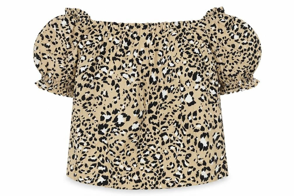 Front view of Marks & Spencer women’s brown animal print viscose basic blouse, size UK 14, square neck - leopard print