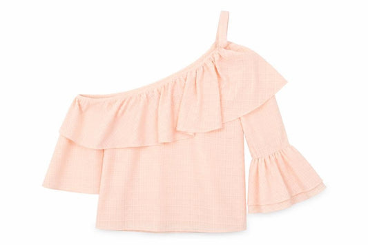 Front view of Atmosphere women’s pink polyester basic blouse, size UK 10, one shoulder