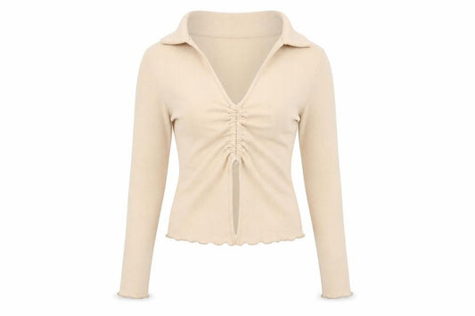 Front view of ASOS women’s beige collared polyester jumper, size M