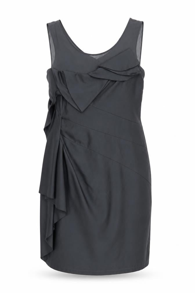 Front view of Per Una women’s grey polyester shift, size UK 16, scoop neck zip - draped