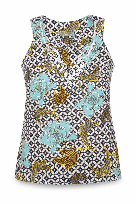 Front view of Wallis women’s multicoloured geometric polyester basic tank, size S, v-neck