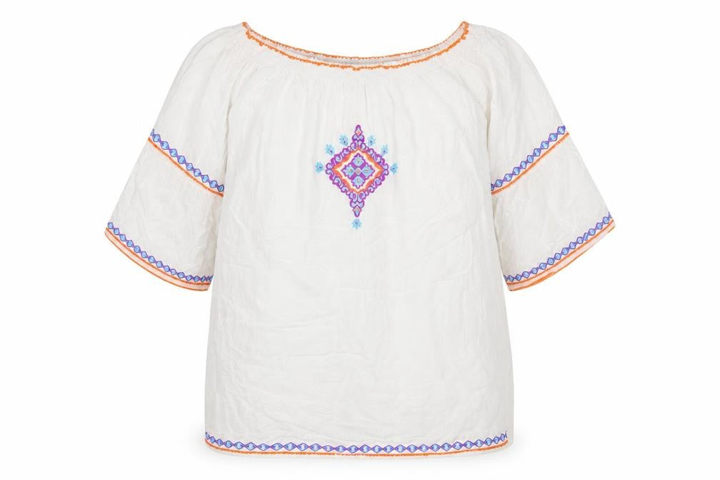 Front view of Atmosphere women’s white geometric viscose kaftan, size L, boat neck pullover