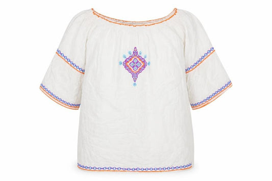 Front view of Atmosphere women’s white geometric viscose kaftan, size L, boat neck pullover
