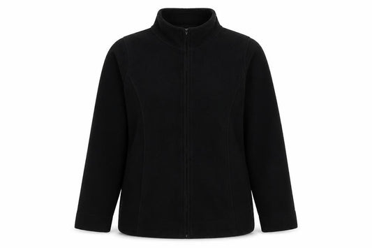 Front view of EWM women’s black jacket, size UK 10, zip