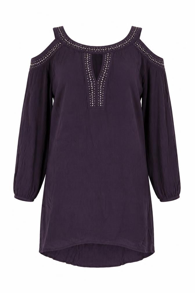 Front view of Knox Rose women’s purple ramie shift, size S, boat neck pullover - cold shoulder