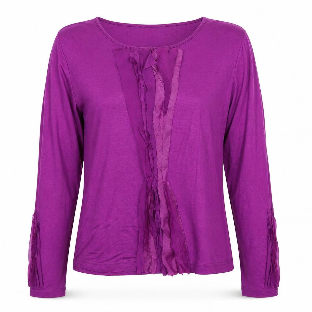 Front view of Quin & Donnelly women’s purple viscose basic blouse, size M, round neck