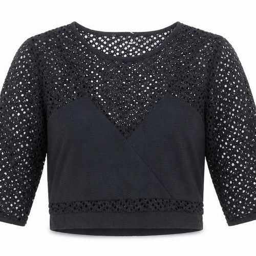 Preworn Womens Black Viscose Cropped Blouse Size 8 Round Neck