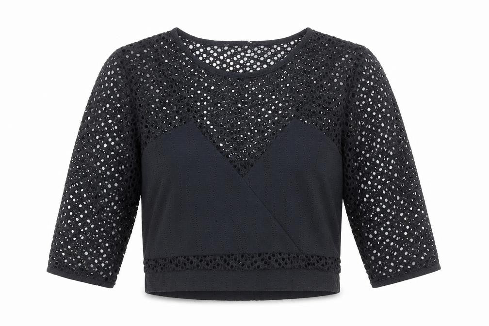 Preworn Womens Black Viscose Cropped Blouse Size 8 Round Neck