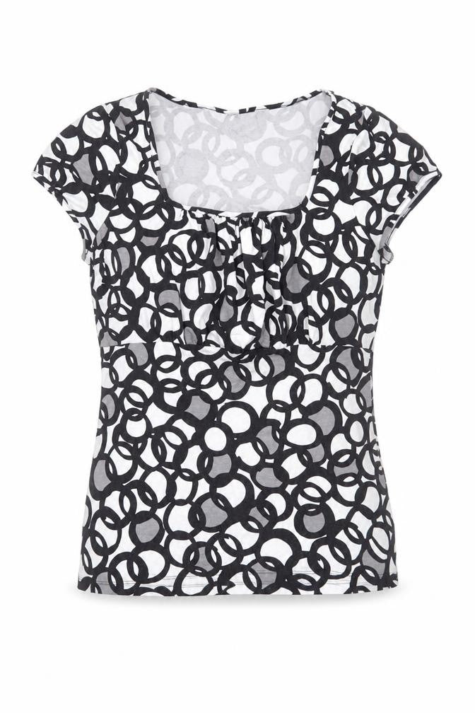 Front view of Preworn women’s black geometric viscose basic t-shirt, size M, scoop neck