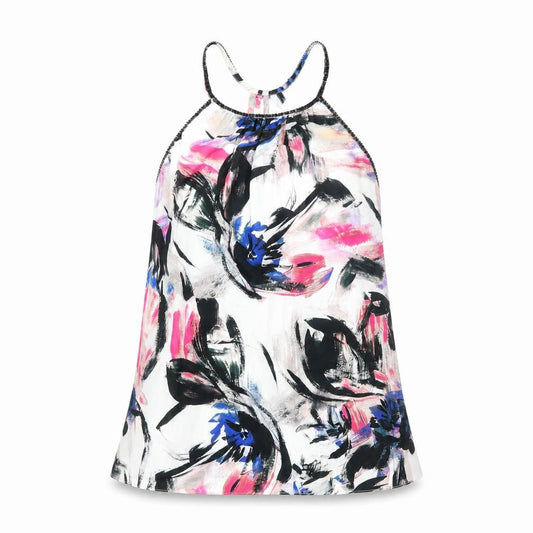 Front view of Warehouse women’s multicoloured floral polyester basic tank, size UK 6, round neck